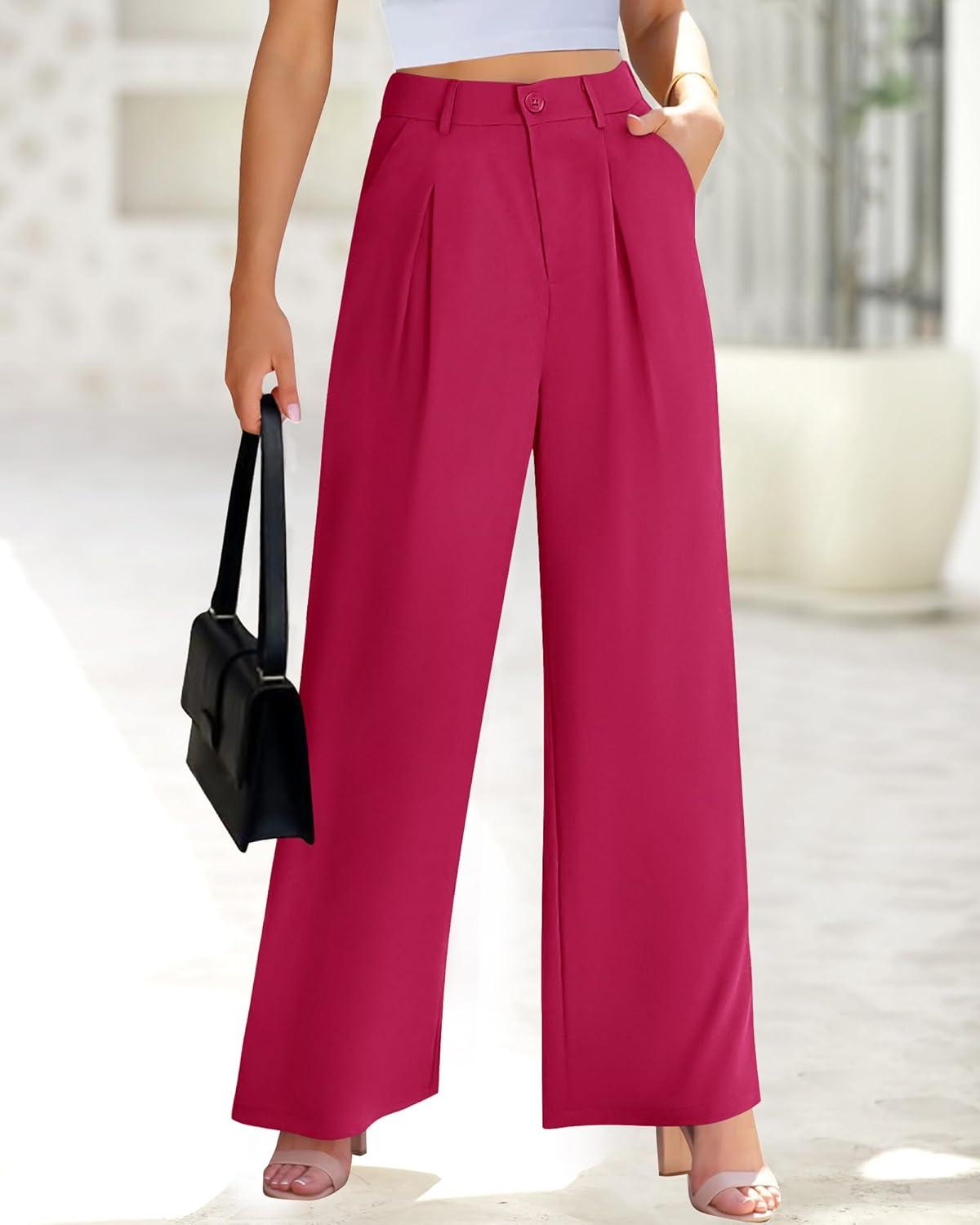 imageBTFBM Women High Waist Palazzo Pants Fall 2025 Casual Wide Leg Trousers Loose Work Office Business Suit Pant PocketsRose Red