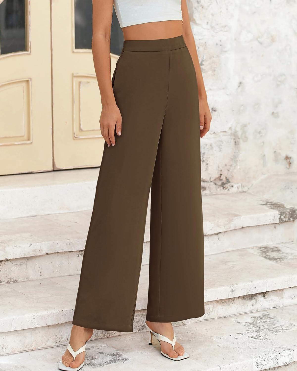 imageBTFBM Women High Waisted Wide Leg Pants Fall 2025 Business Casual Work Dress Pants Loose Office Palazzo Trousers PocketsCoffee