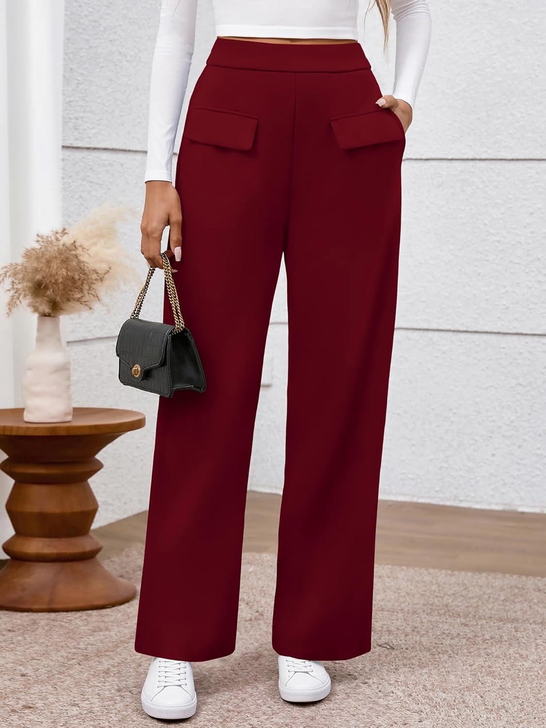 imageBTFBM Womens Pants 2025 Fall Elastic High Waisted Trousers Stretchy Comfy Lounge Palazzo Pant Wide Leg SweatpantsBurgundy