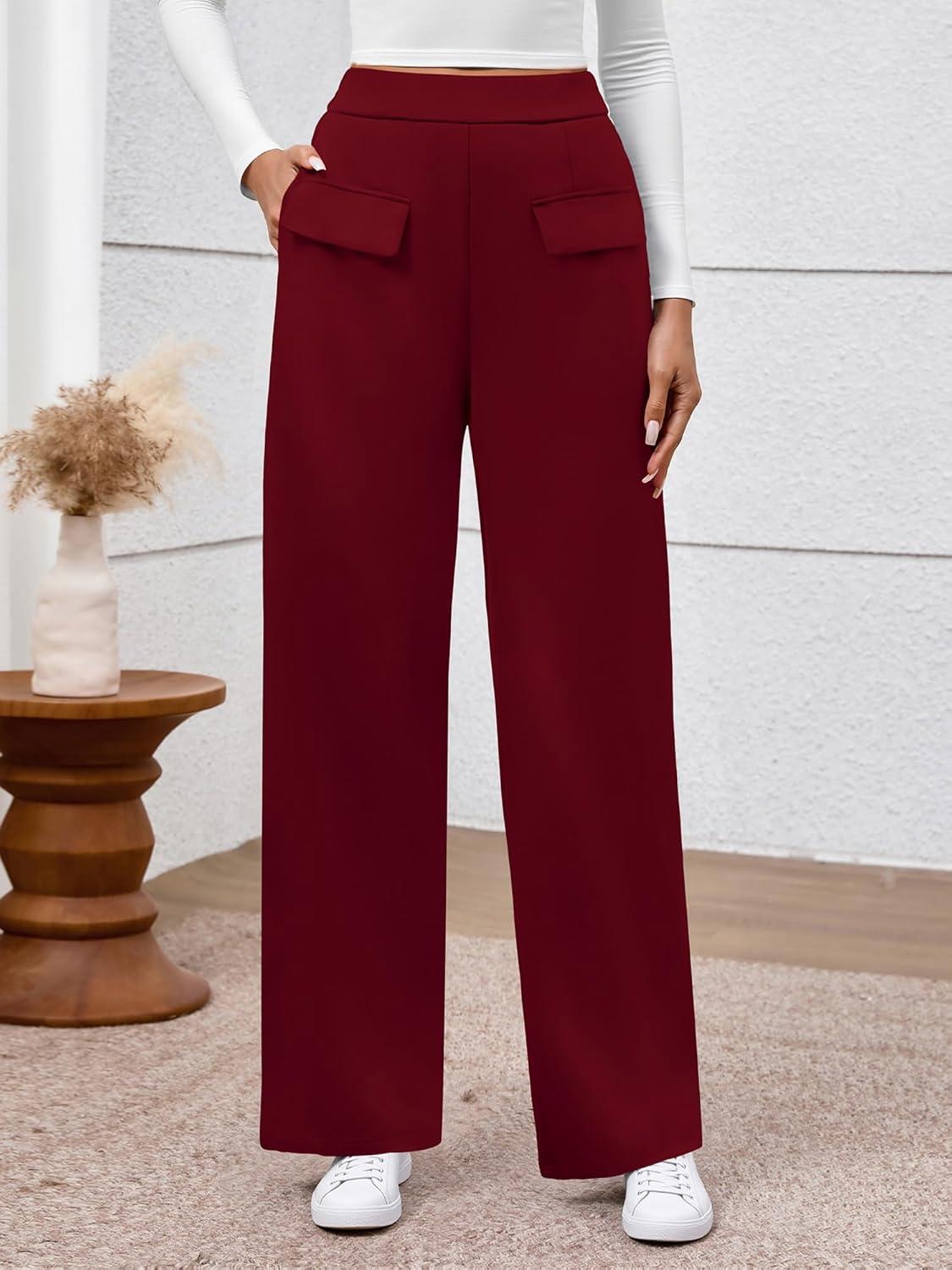 imageBTFBM Womens Pants 2025 Fall Elastic High Waisted Trousers Stretchy Comfy Lounge Palazzo Pant Wide Leg SweatpantsBurgundy