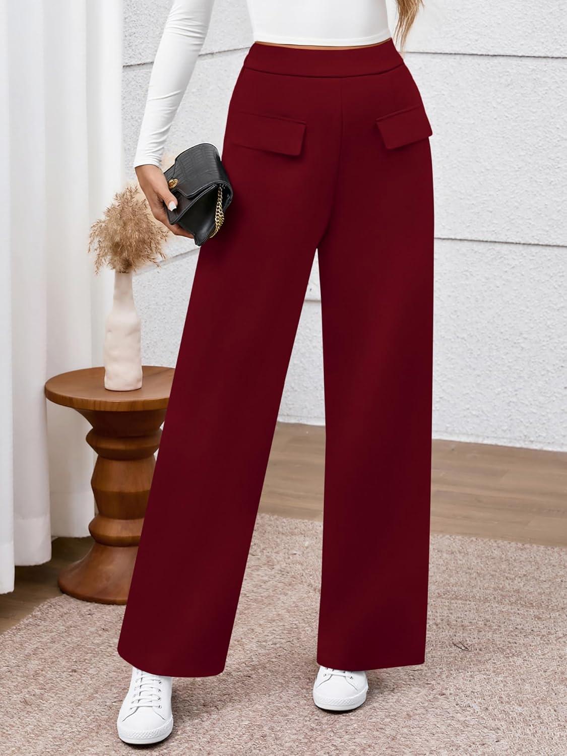 imageBTFBM Womens Pants 2025 Fall Elastic High Waisted Trousers Stretchy Comfy Lounge Palazzo Pant Wide Leg SweatpantsBurgundy
