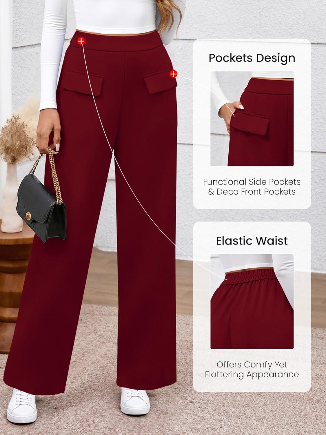 imageBTFBM Womens Pants 2025 Fall Elastic High Waisted Trousers Stretchy Comfy Lounge Palazzo Pant Wide Leg SweatpantsBurgundy