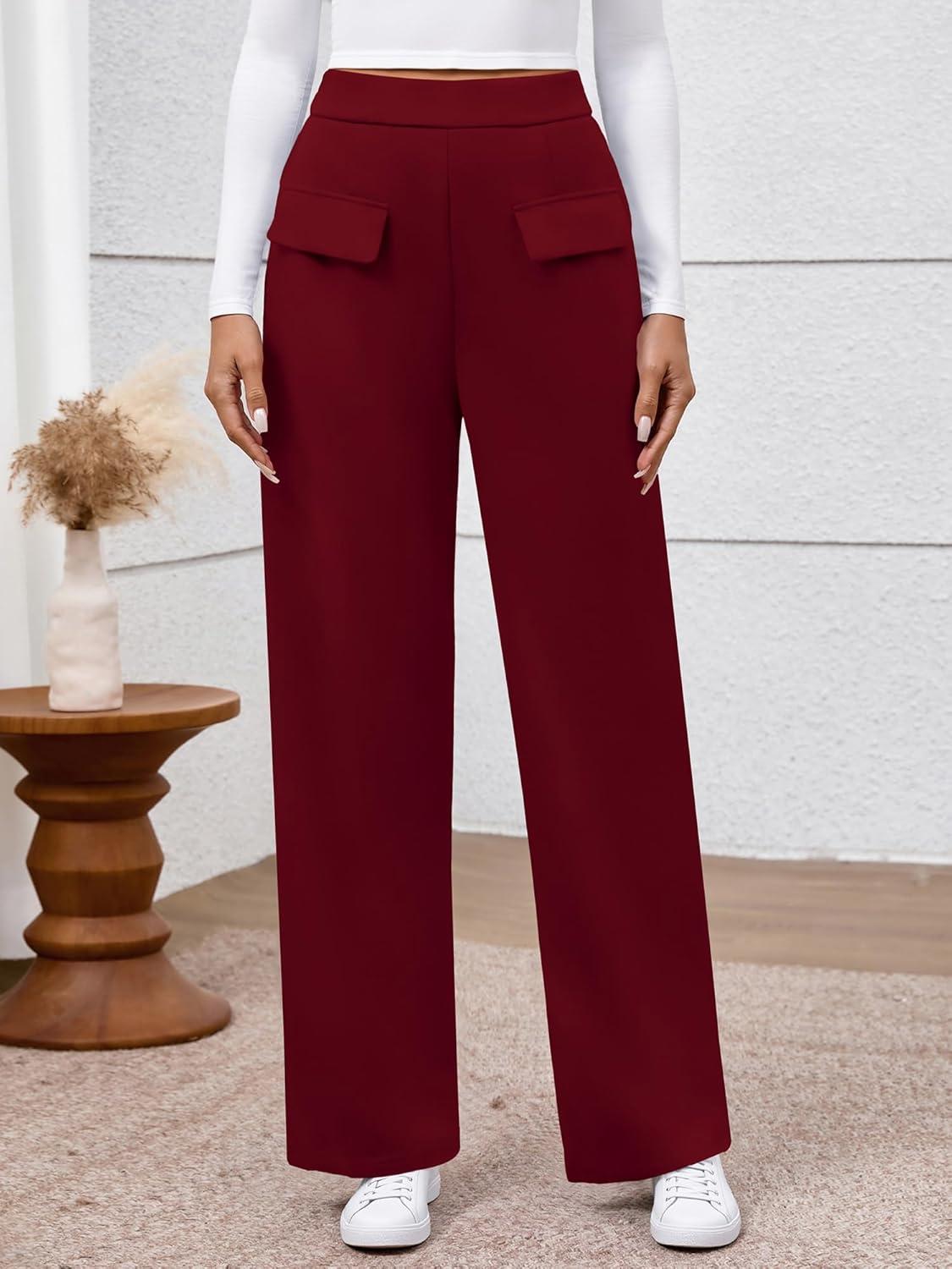 imageBTFBM Womens Pants 2025 Fall Elastic High Waisted Trousers Stretchy Comfy Lounge Palazzo Pant Wide Leg SweatpantsBurgundy