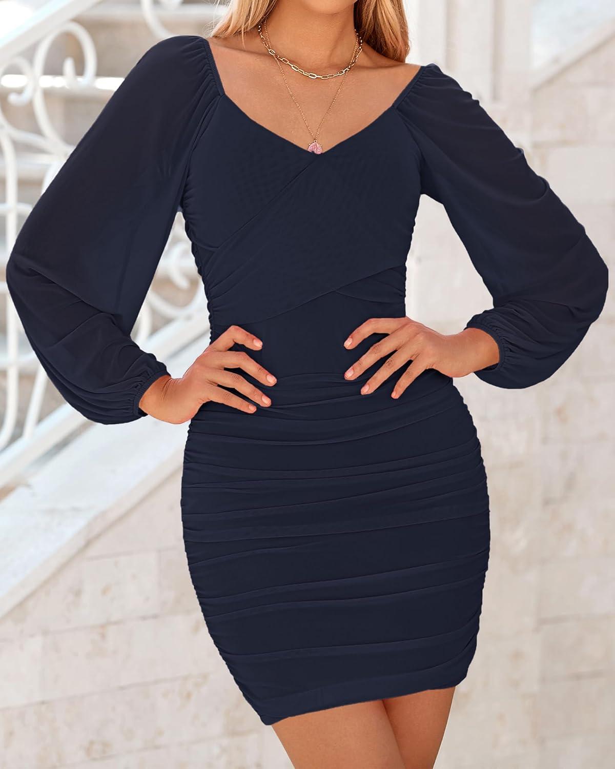 imageBTFBM Fall Dresses for Women 2025 Cross V Neck Mesh Long Sleeve Ruched Bodycon Formal Wedding Cocktail Short DressNavy