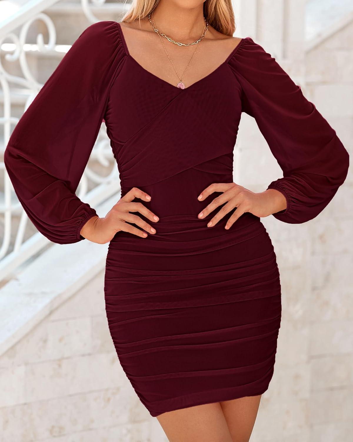 imageBTFBM Fall Dresses for Women 2025 Cross V Neck Mesh Long Sleeve Ruched Bodycon Formal Wedding Cocktail Short DressWine Red