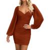 imageBTFBM Fall Dresses for Women 2025 Cross V Neck Mesh Long Sleeve Ruched Bodycon Formal Wedding Cocktail Short DressCaramel