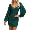imageBTFBM Fall Dresses for Women 2025 Cross V Neck Mesh Long Sleeve Ruched Bodycon Formal Wedding Cocktail Short DressGreen