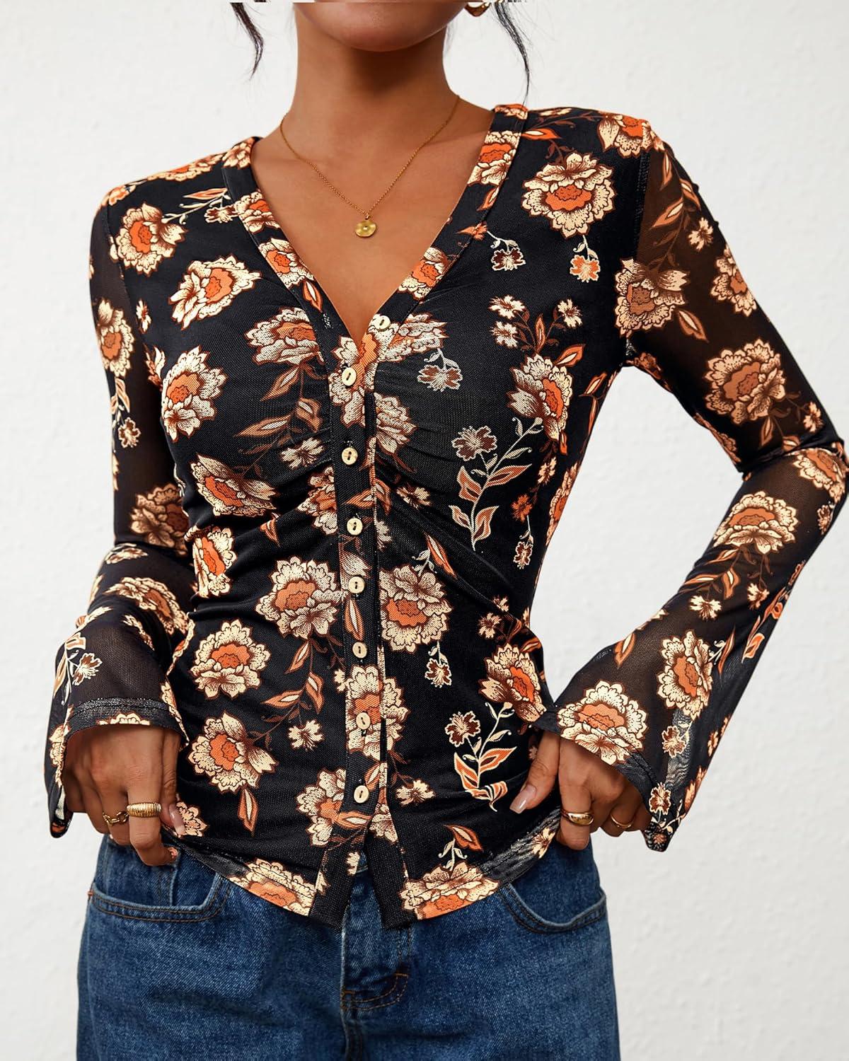 imageBTFBM Button Down Shirts for Women Fall Fashion 2025 V Neck Long Sleeve Blouse Ruched Mesh Fitted Floral Print Boho TopsBlack