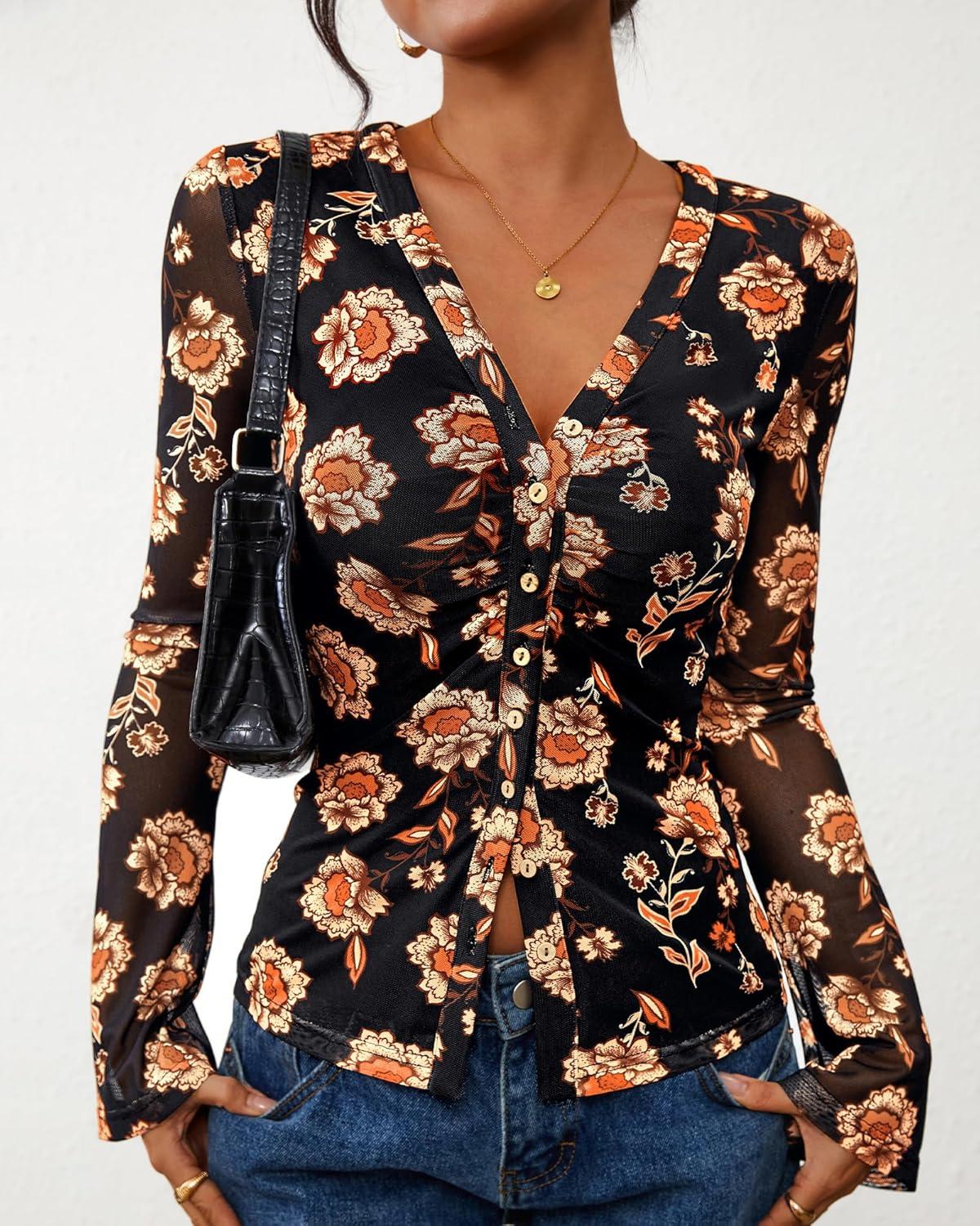 imageBTFBM Button Down Shirts for Women Fall Fashion 2025 V Neck Long Sleeve Blouse Ruched Mesh Fitted Floral Print Boho TopsBlack