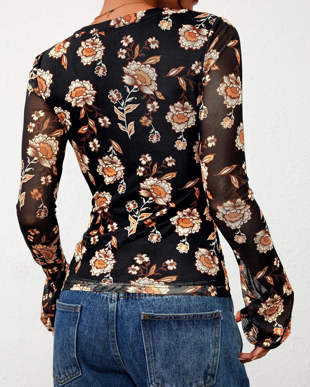 imageBTFBM Button Down Shirts for Women Fall Fashion 2025 V Neck Long Sleeve Blouse Ruched Mesh Fitted Floral Print Boho TopsBlack