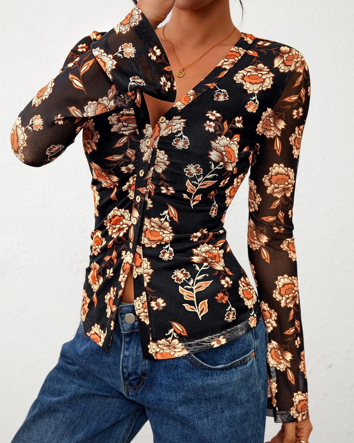 imageBTFBM Button Down Shirts for Women Fall Fashion 2025 V Neck Long Sleeve Blouse Ruched Mesh Fitted Floral Print Boho TopsBlack