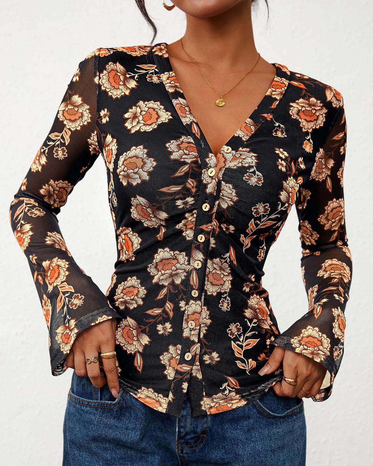 imageBTFBM Button Down Shirts for Women Fall Fashion 2025 V Neck Long Sleeve Blouse Ruched Mesh Fitted Floral Print Boho TopsBlack