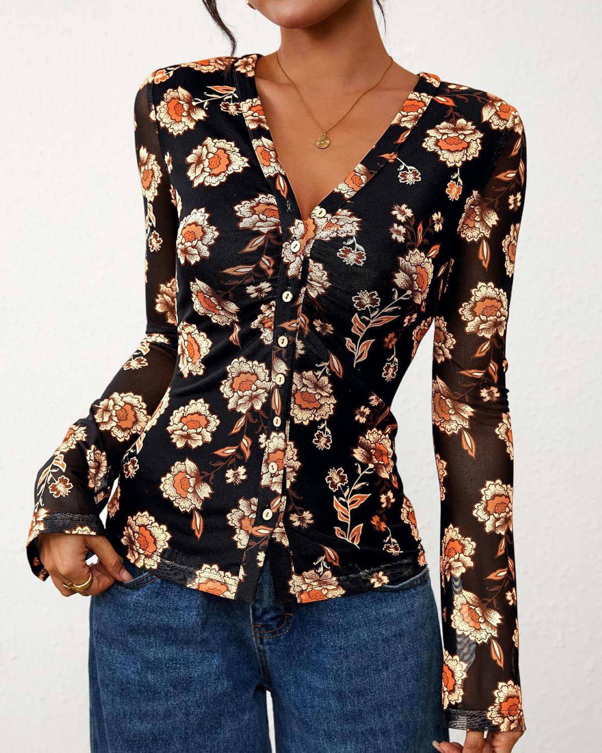imageBTFBM Button Down Shirts for Women Fall Fashion 2025 V Neck Long Sleeve Blouse Ruched Mesh Fitted Floral Print Boho TopsBlack