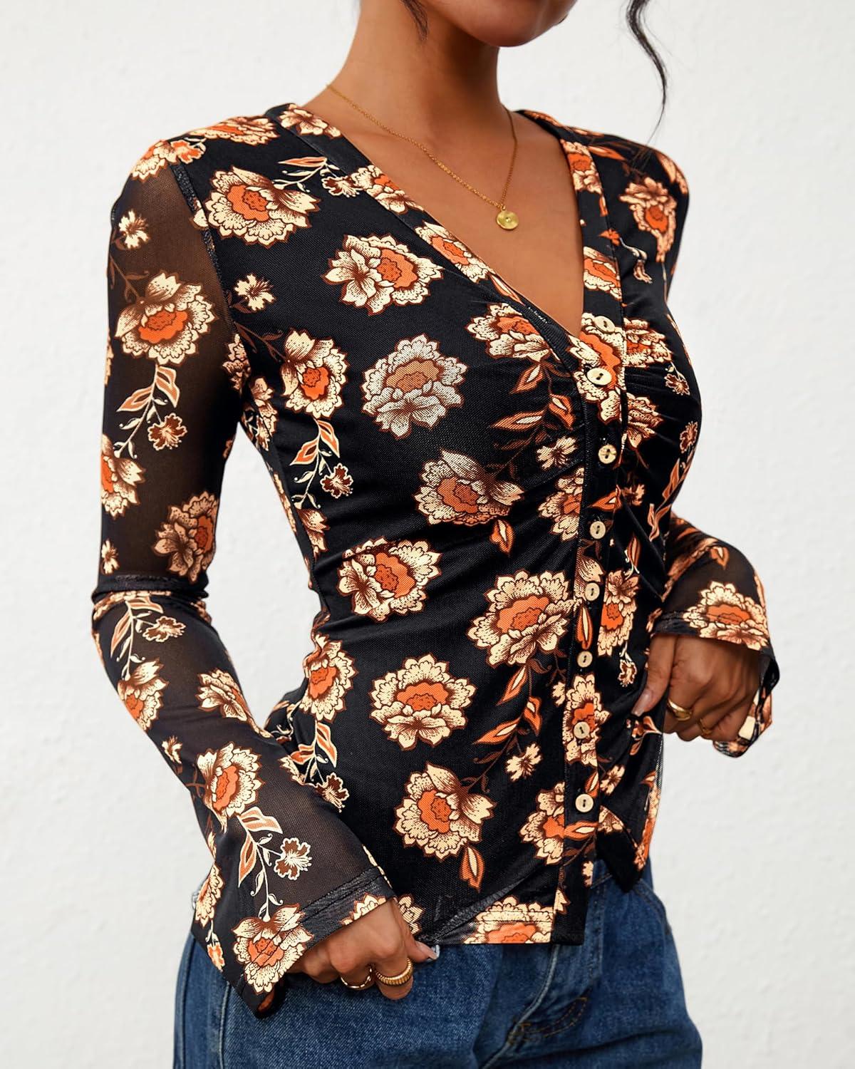 imageBTFBM Button Down Shirts for Women Fall Fashion 2025 V Neck Long Sleeve Blouse Ruched Mesh Fitted Floral Print Boho TopsBlack
