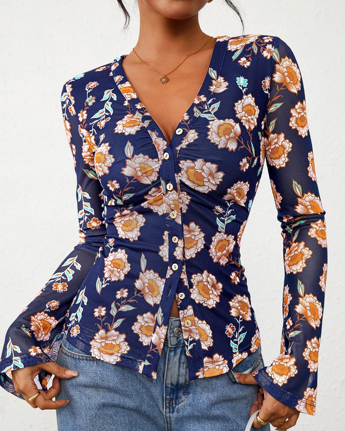 imageBTFBM Button Down Shirts for Women Fall Fashion 2025 V Neck Long Sleeve Blouse Ruched Mesh Fitted Floral Print Boho TopsBlue
