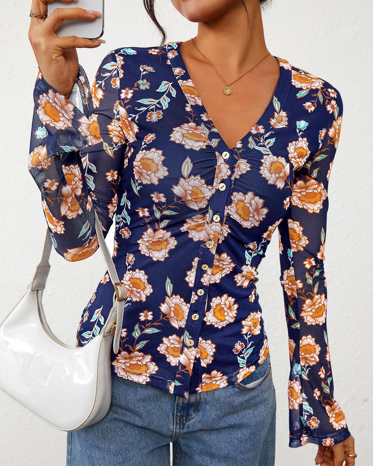 imageBTFBM Button Down Shirts for Women Fall Fashion 2025 V Neck Long Sleeve Blouse Ruched Mesh Fitted Floral Print Boho TopsBlue