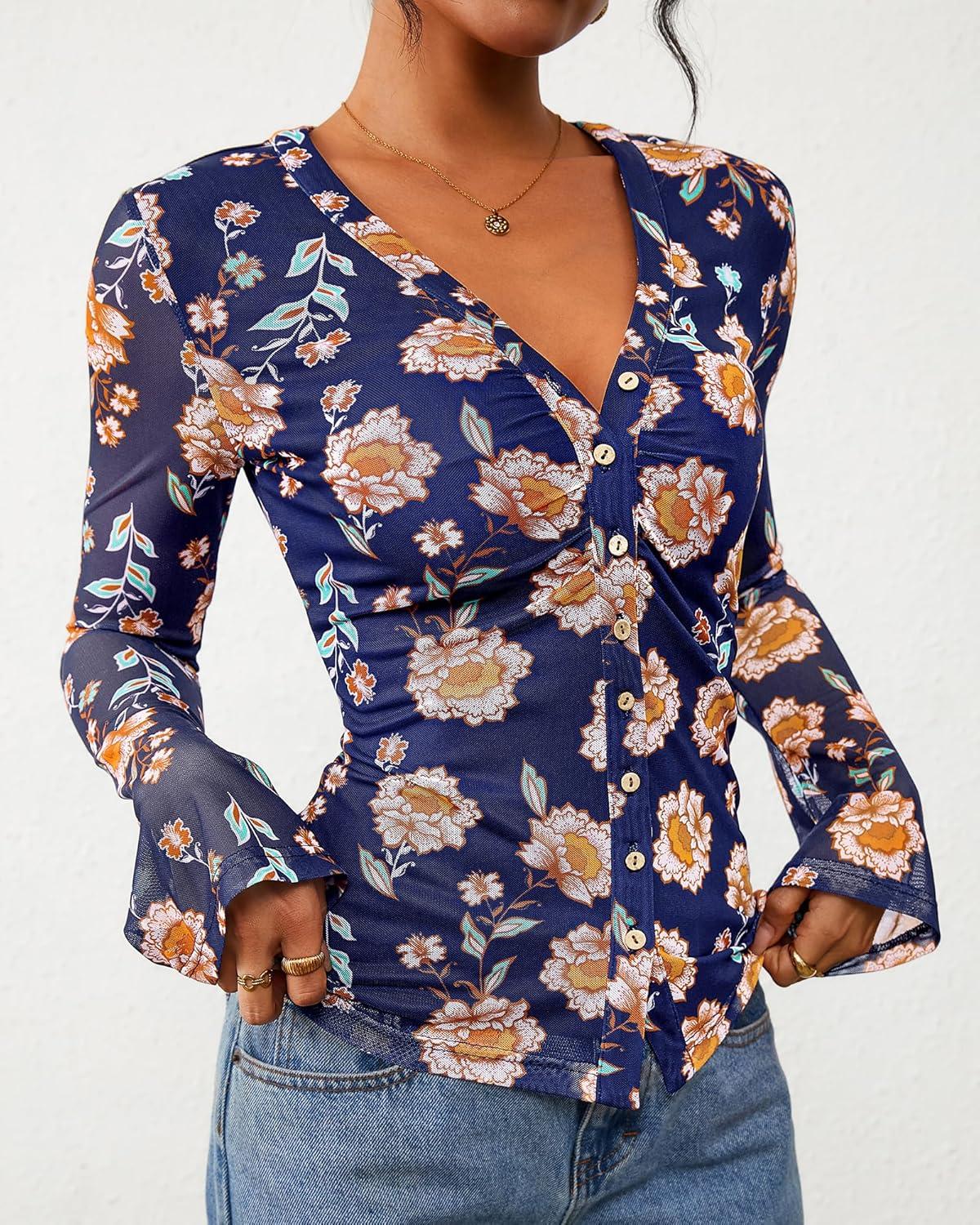 imageBTFBM Button Down Shirts for Women Fall Fashion 2025 V Neck Long Sleeve Blouse Ruched Mesh Fitted Floral Print Boho TopsBlue