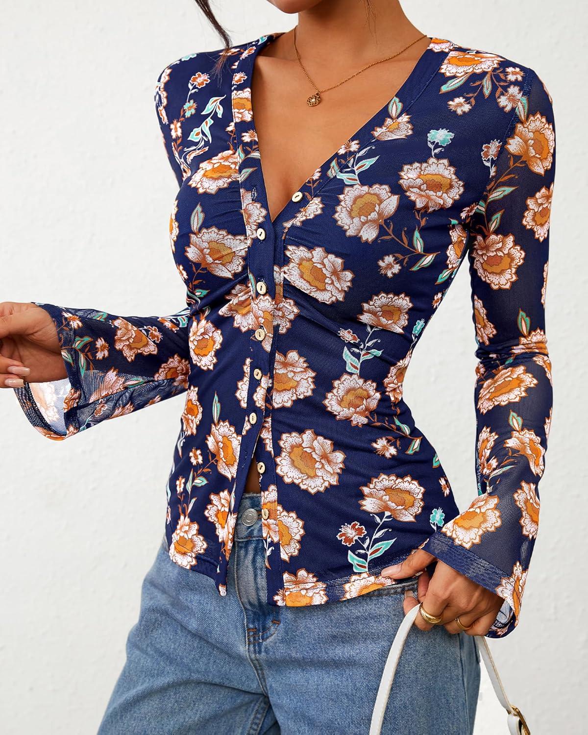 imageBTFBM Button Down Shirts for Women Fall Fashion 2025 V Neck Long Sleeve Blouse Ruched Mesh Fitted Floral Print Boho TopsBlue