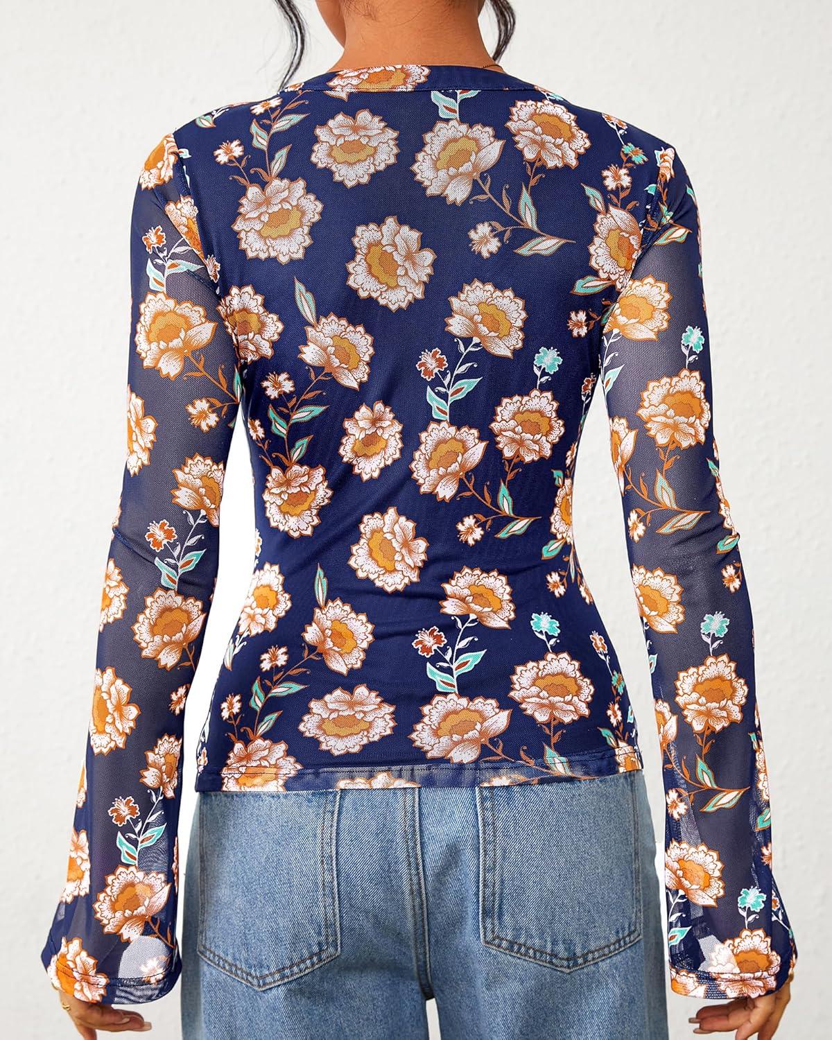 imageBTFBM Button Down Shirts for Women Fall Fashion 2025 V Neck Long Sleeve Blouse Ruched Mesh Fitted Floral Print Boho TopsBlue