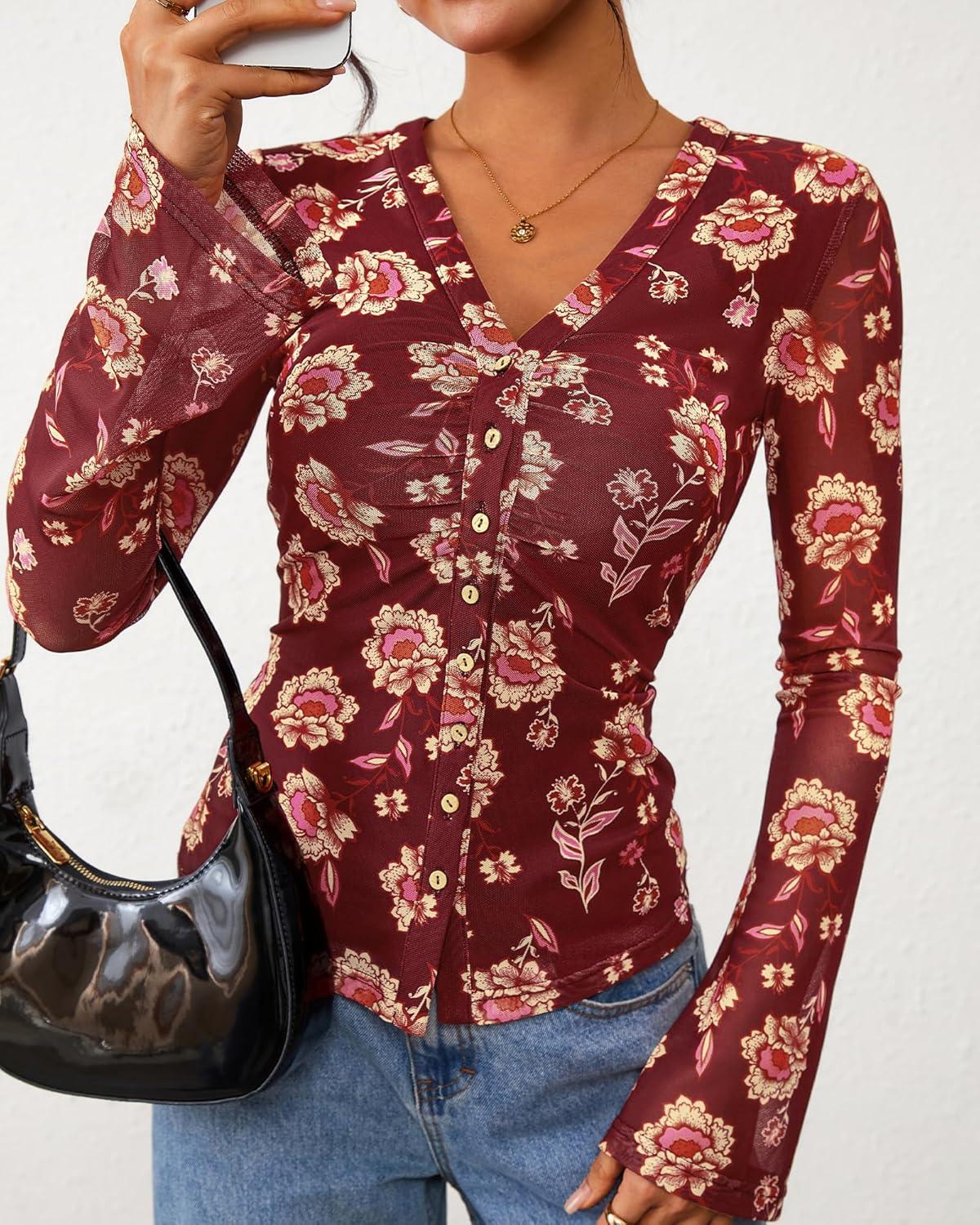 imageBTFBM Button Down Shirts for Women Fall Fashion 2025 V Neck Long Sleeve Blouse Ruched Mesh Fitted Floral Print Boho TopsBrown