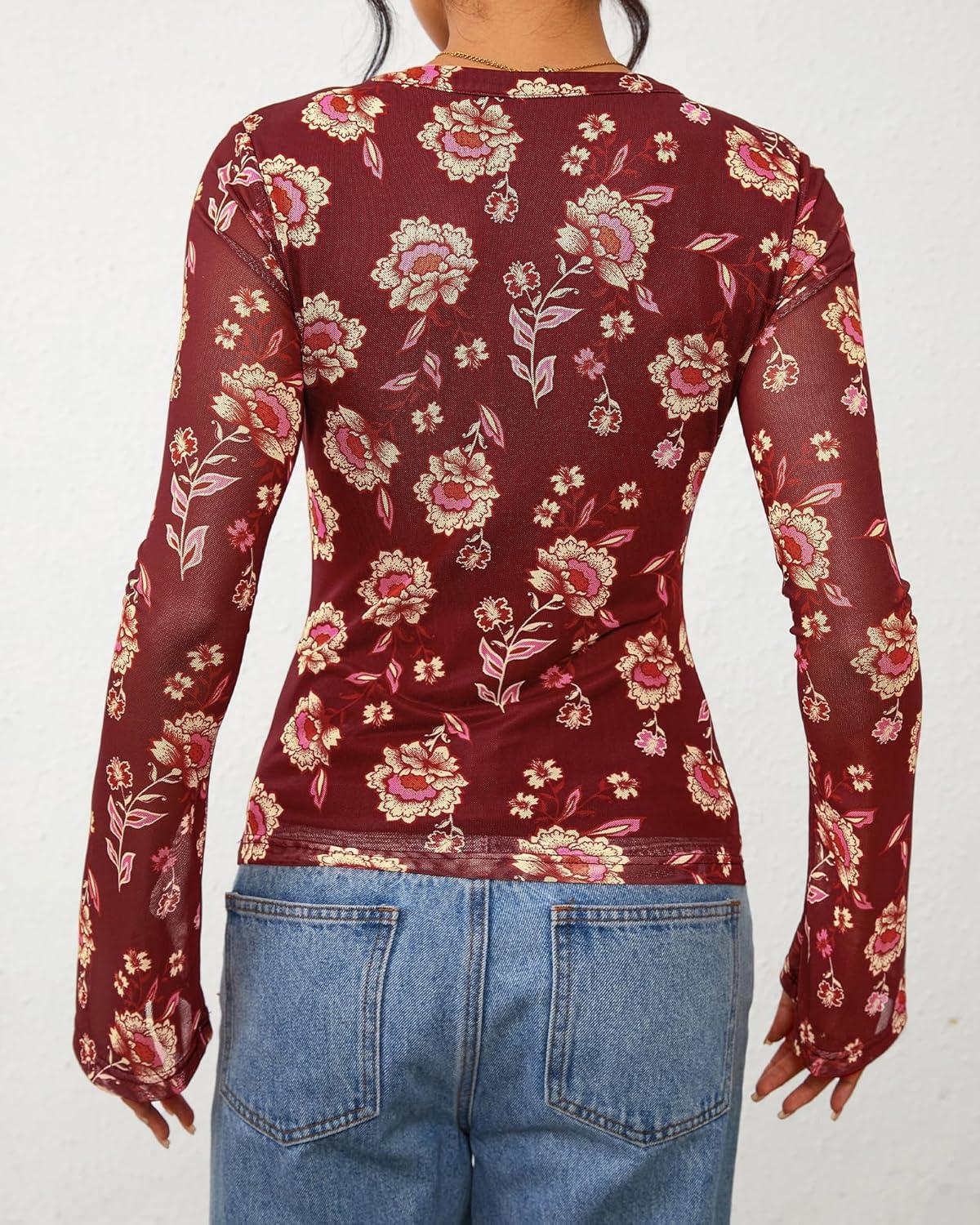 imageBTFBM Button Down Shirts for Women Fall Fashion 2025 V Neck Long Sleeve Blouse Ruched Mesh Fitted Floral Print Boho TopsBrown