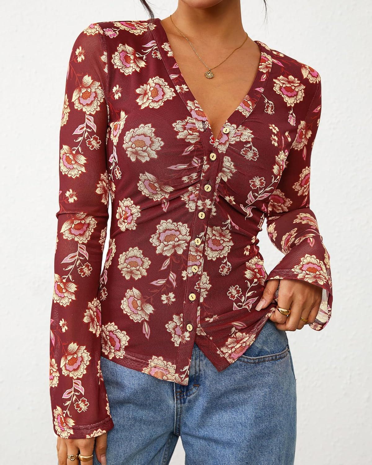 imageBTFBM Button Down Shirts for Women Fall Fashion 2025 V Neck Long Sleeve Blouse Ruched Mesh Fitted Floral Print Boho TopsBrown