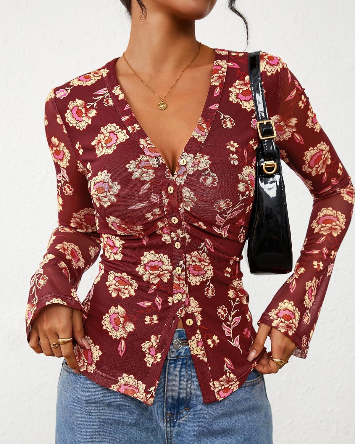 imageBTFBM Button Down Shirts for Women Fall Fashion 2025 V Neck Long Sleeve Blouse Ruched Mesh Fitted Floral Print Boho TopsBrown