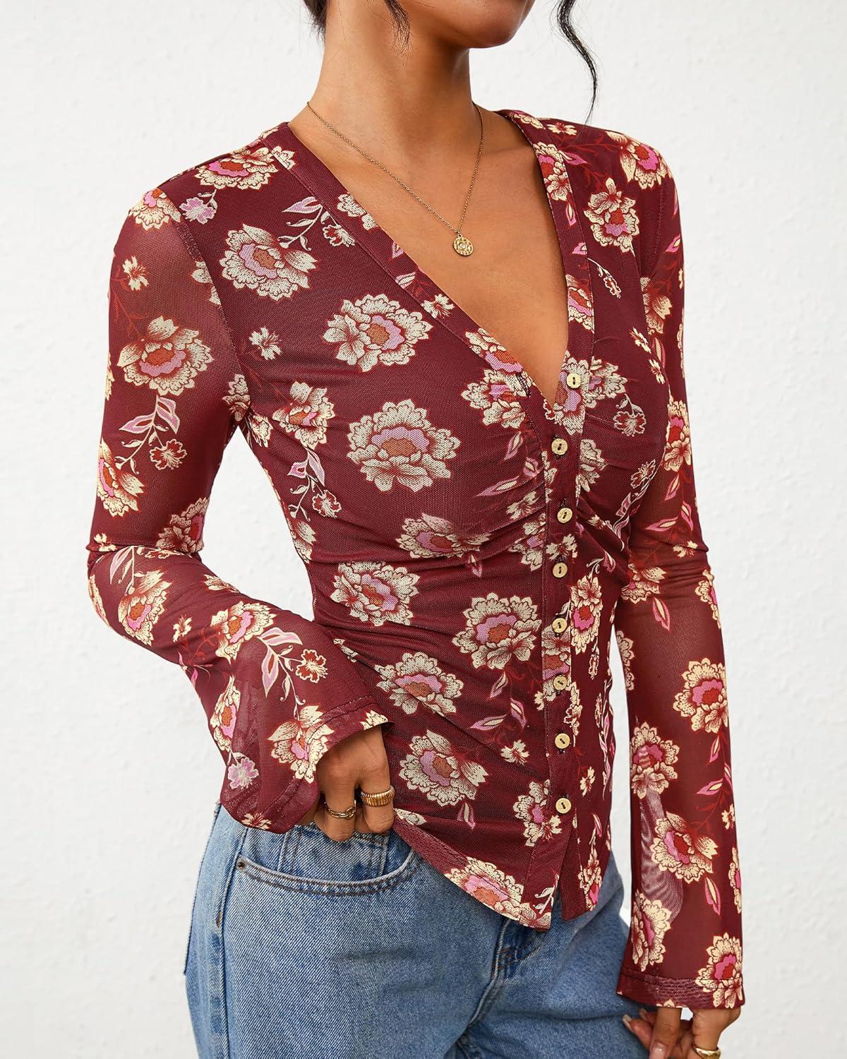 imageBTFBM Button Down Shirts for Women Fall Fashion 2025 V Neck Long Sleeve Blouse Ruched Mesh Fitted Floral Print Boho TopsBrown