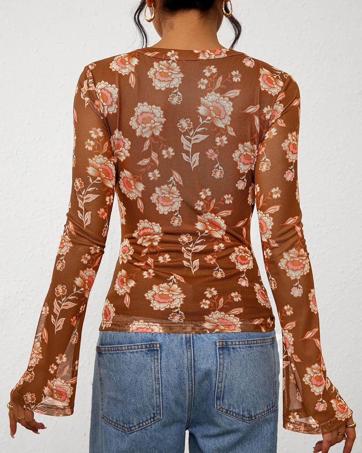 imageBTFBM Button Down Shirts for Women Fall Fashion 2025 V Neck Long Sleeve Blouse Ruched Mesh Fitted Floral Print Boho TopsKhaki