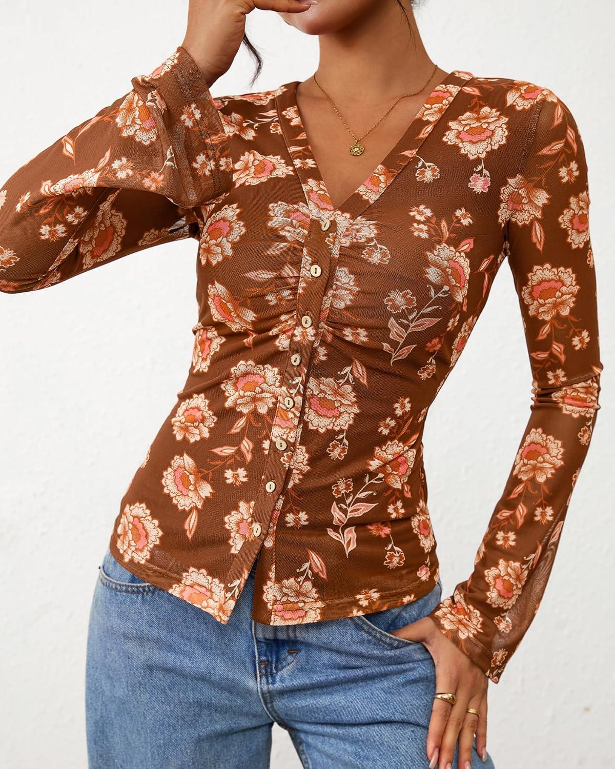 imageBTFBM Button Down Shirts for Women Fall Fashion 2025 V Neck Long Sleeve Blouse Ruched Mesh Fitted Floral Print Boho TopsKhaki