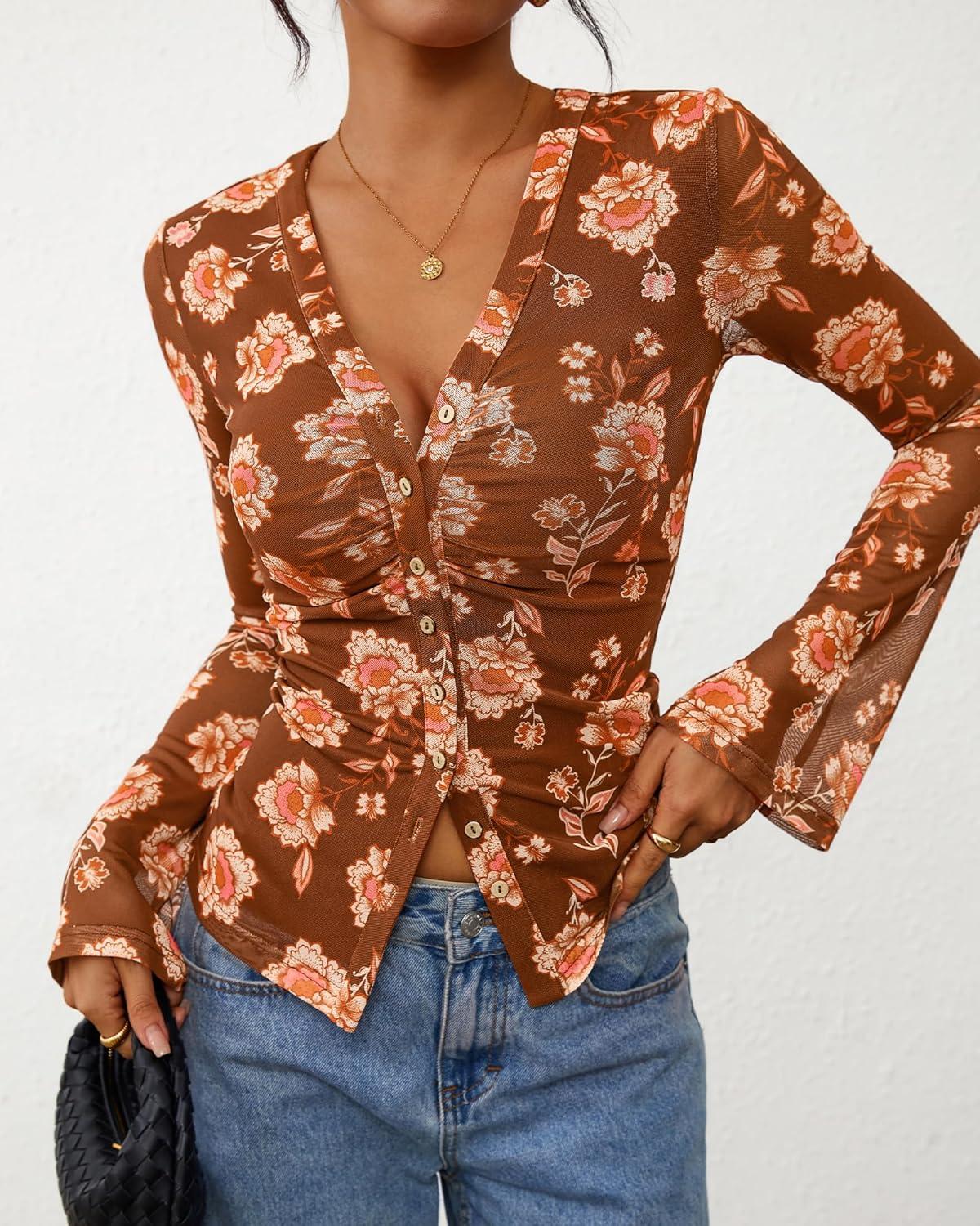 imageBTFBM Button Down Shirts for Women Fall Fashion 2025 V Neck Long Sleeve Blouse Ruched Mesh Fitted Floral Print Boho TopsKhaki
