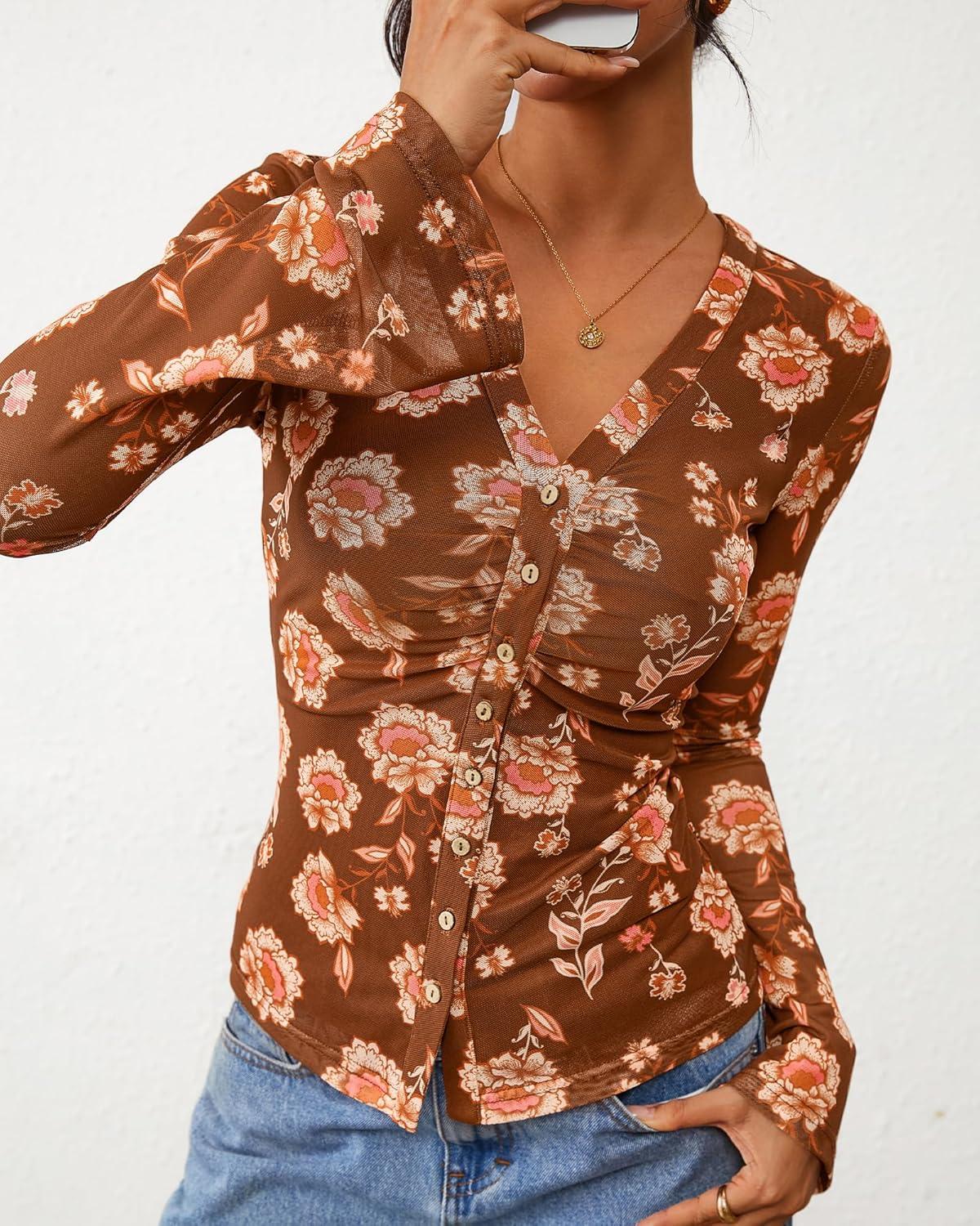 imageBTFBM Button Down Shirts for Women Fall Fashion 2025 V Neck Long Sleeve Blouse Ruched Mesh Fitted Floral Print Boho TopsKhaki
