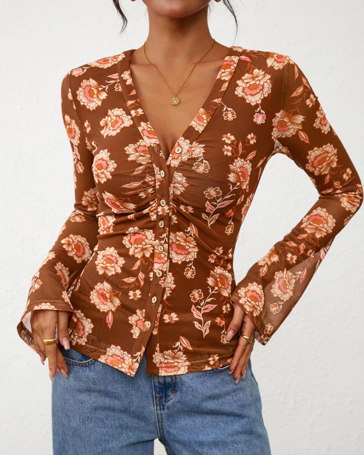 imageBTFBM Button Down Shirts for Women Fall Fashion 2025 V Neck Long Sleeve Blouse Ruched Mesh Fitted Floral Print Boho TopsKhaki