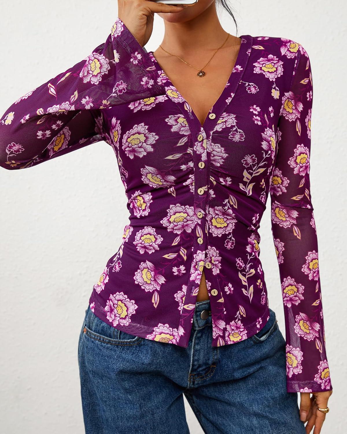 imageBTFBM Button Down Shirts for Women Fall Fashion 2025 V Neck Long Sleeve Blouse Ruched Mesh Fitted Floral Print Boho TopsPurple
