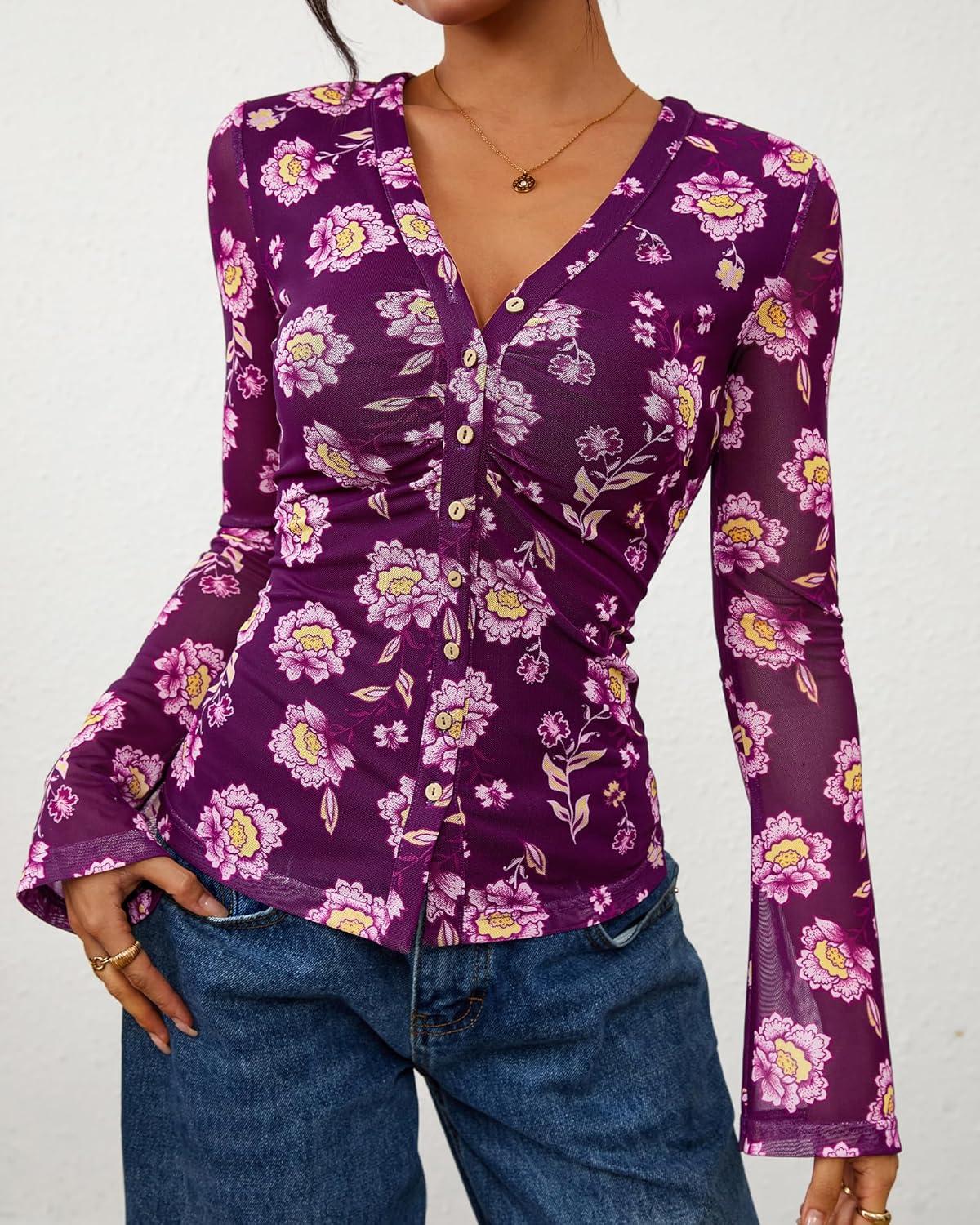 imageBTFBM Button Down Shirts for Women Fall Fashion 2025 V Neck Long Sleeve Blouse Ruched Mesh Fitted Floral Print Boho TopsPurple