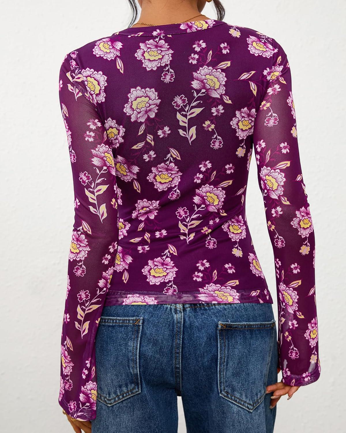 imageBTFBM Button Down Shirts for Women Fall Fashion 2025 V Neck Long Sleeve Blouse Ruched Mesh Fitted Floral Print Boho TopsPurple