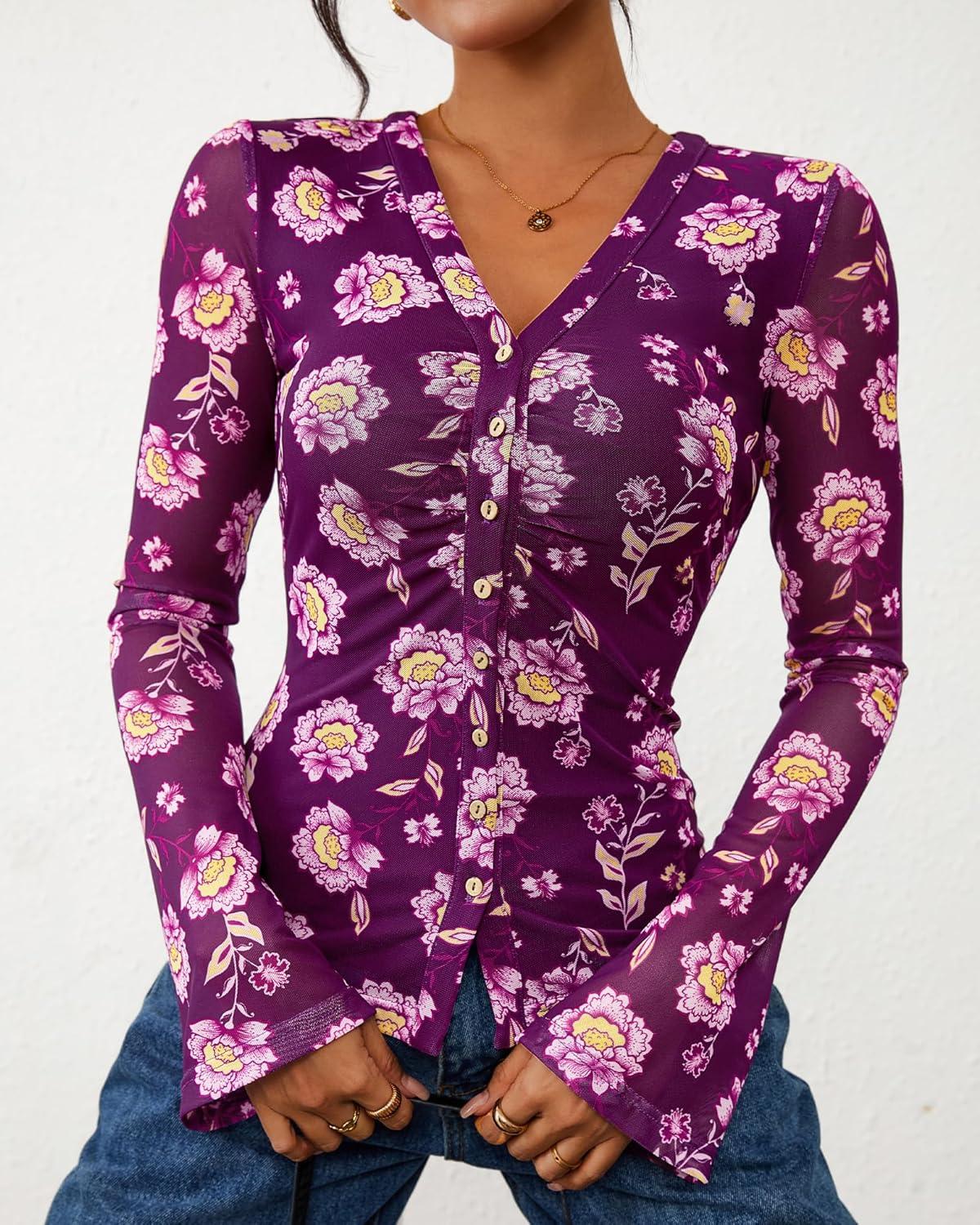 imageBTFBM Button Down Shirts for Women Fall Fashion 2025 V Neck Long Sleeve Blouse Ruched Mesh Fitted Floral Print Boho TopsPurple