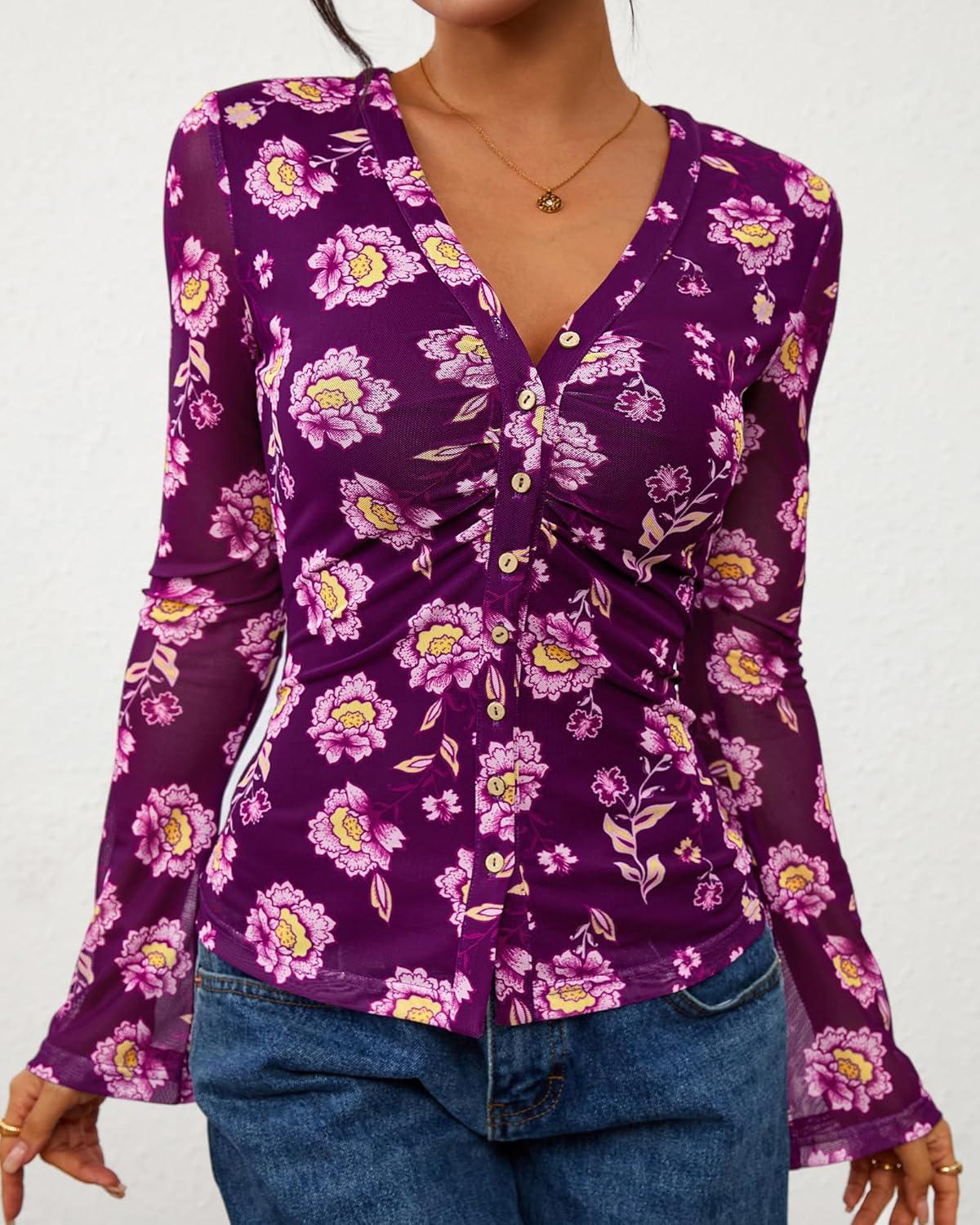 imageBTFBM Button Down Shirts for Women Fall Fashion 2025 V Neck Long Sleeve Blouse Ruched Mesh Fitted Floral Print Boho TopsPurple