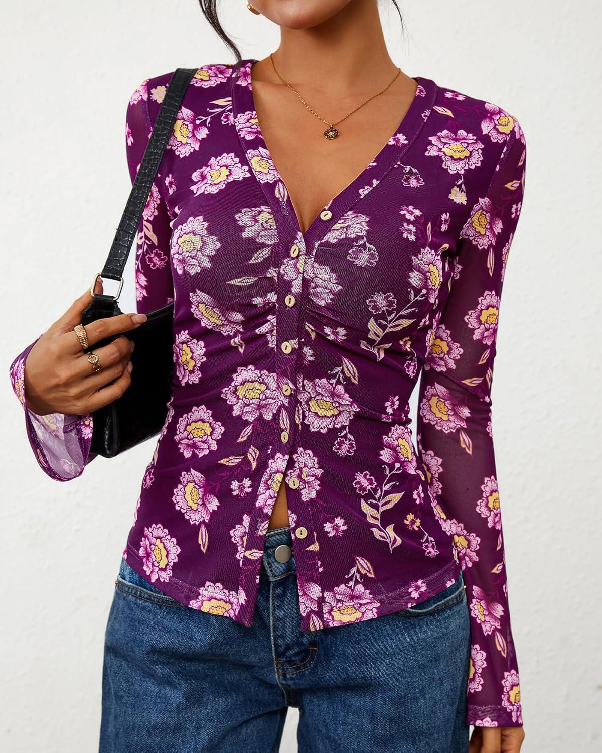 imageBTFBM Button Down Shirts for Women Fall Fashion 2025 V Neck Long Sleeve Blouse Ruched Mesh Fitted Floral Print Boho TopsPurple