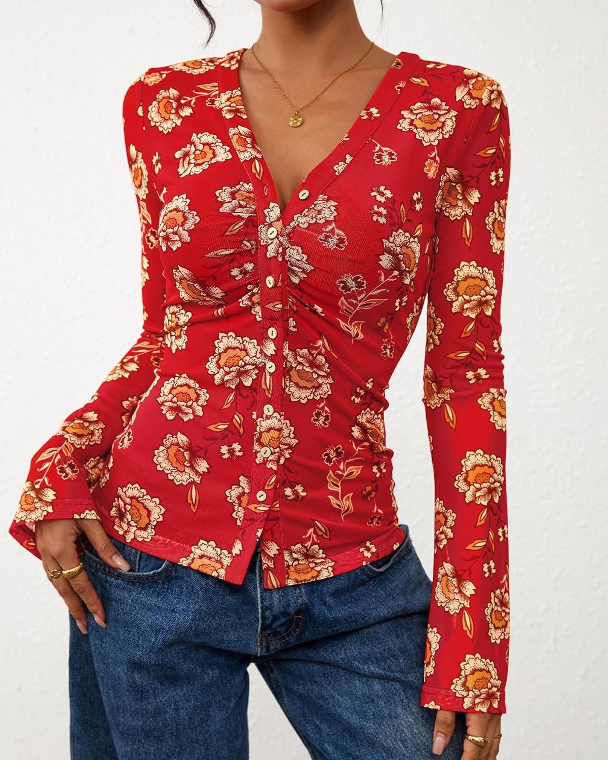 imageBTFBM Button Down Shirts for Women Fall Fashion 2025 V Neck Long Sleeve Blouse Ruched Mesh Fitted Floral Print Boho TopsRed