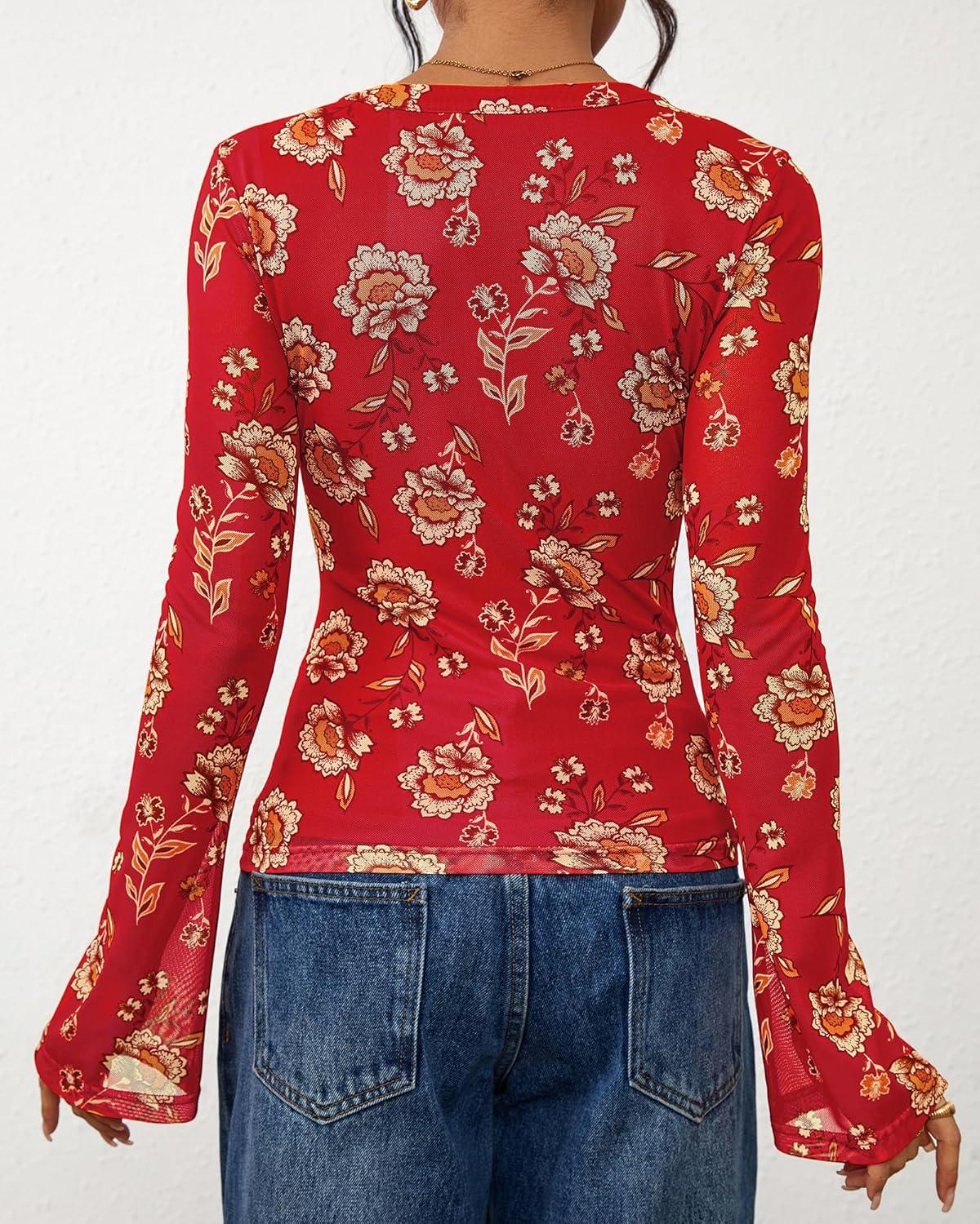 imageBTFBM Button Down Shirts for Women Fall Fashion 2025 V Neck Long Sleeve Blouse Ruched Mesh Fitted Floral Print Boho TopsRed
