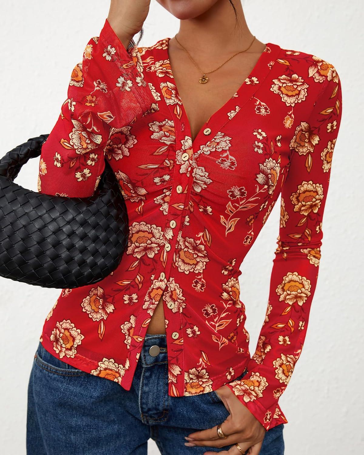 imageBTFBM Button Down Shirts for Women Fall Fashion 2025 V Neck Long Sleeve Blouse Ruched Mesh Fitted Floral Print Boho TopsRed
