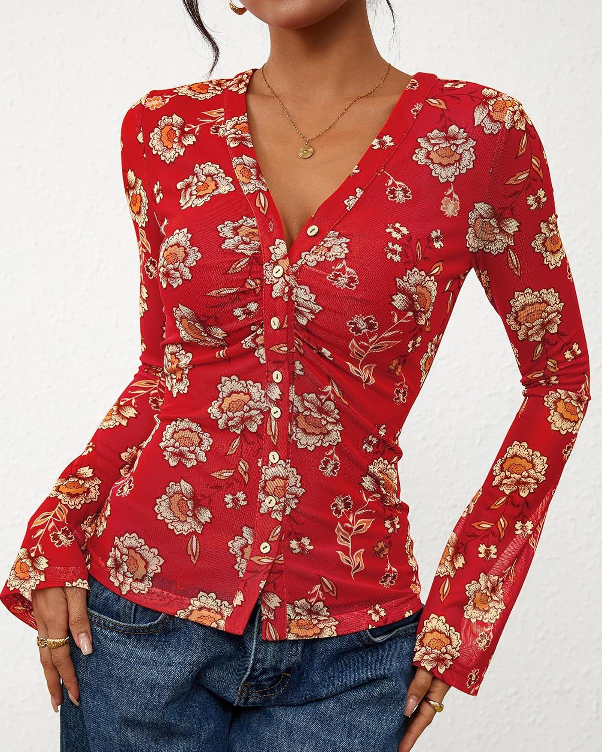 imageBTFBM Button Down Shirts for Women Fall Fashion 2025 V Neck Long Sleeve Blouse Ruched Mesh Fitted Floral Print Boho TopsRed