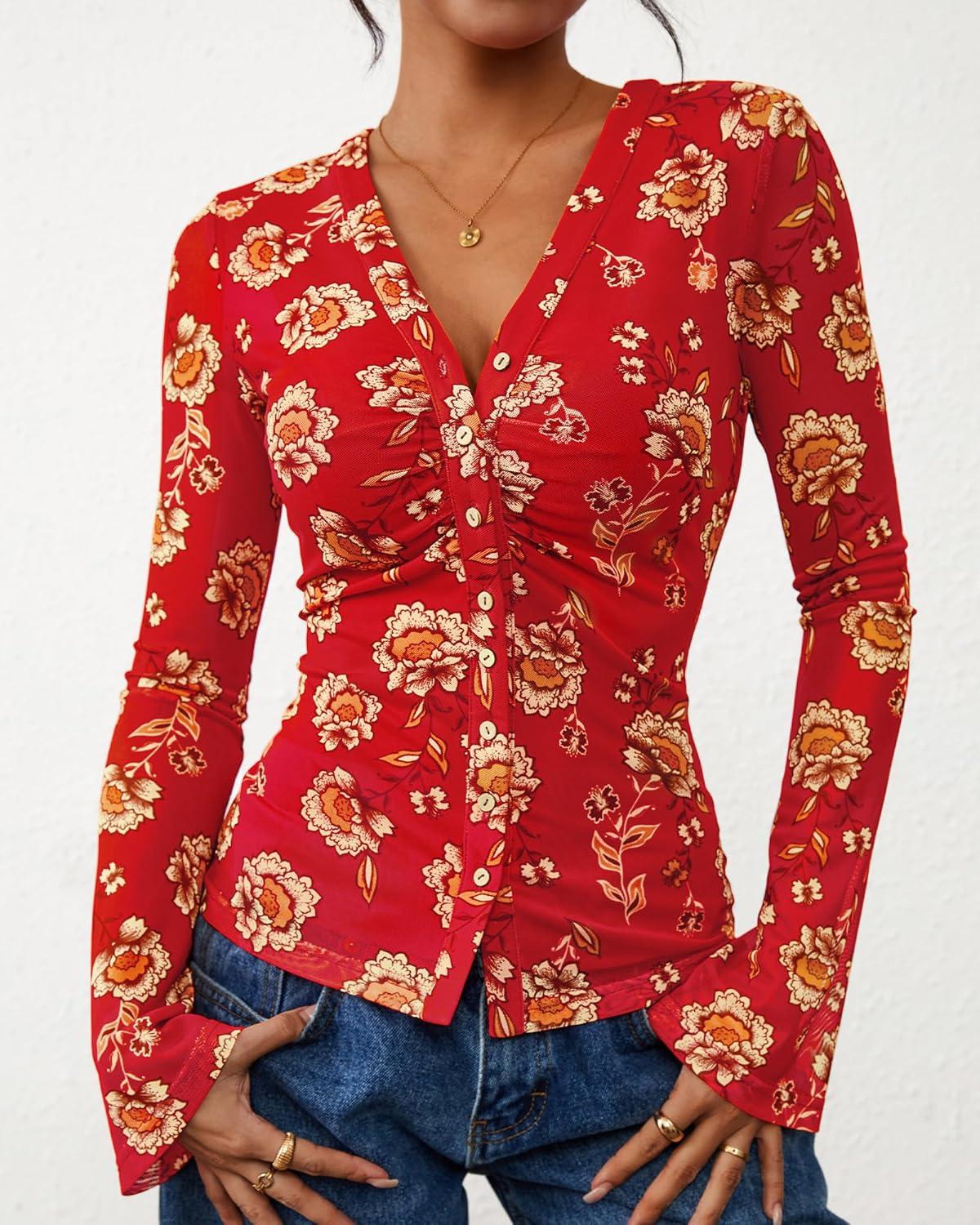 imageBTFBM Button Down Shirts for Women Fall Fashion 2025 V Neck Long Sleeve Blouse Ruched Mesh Fitted Floral Print Boho TopsRed