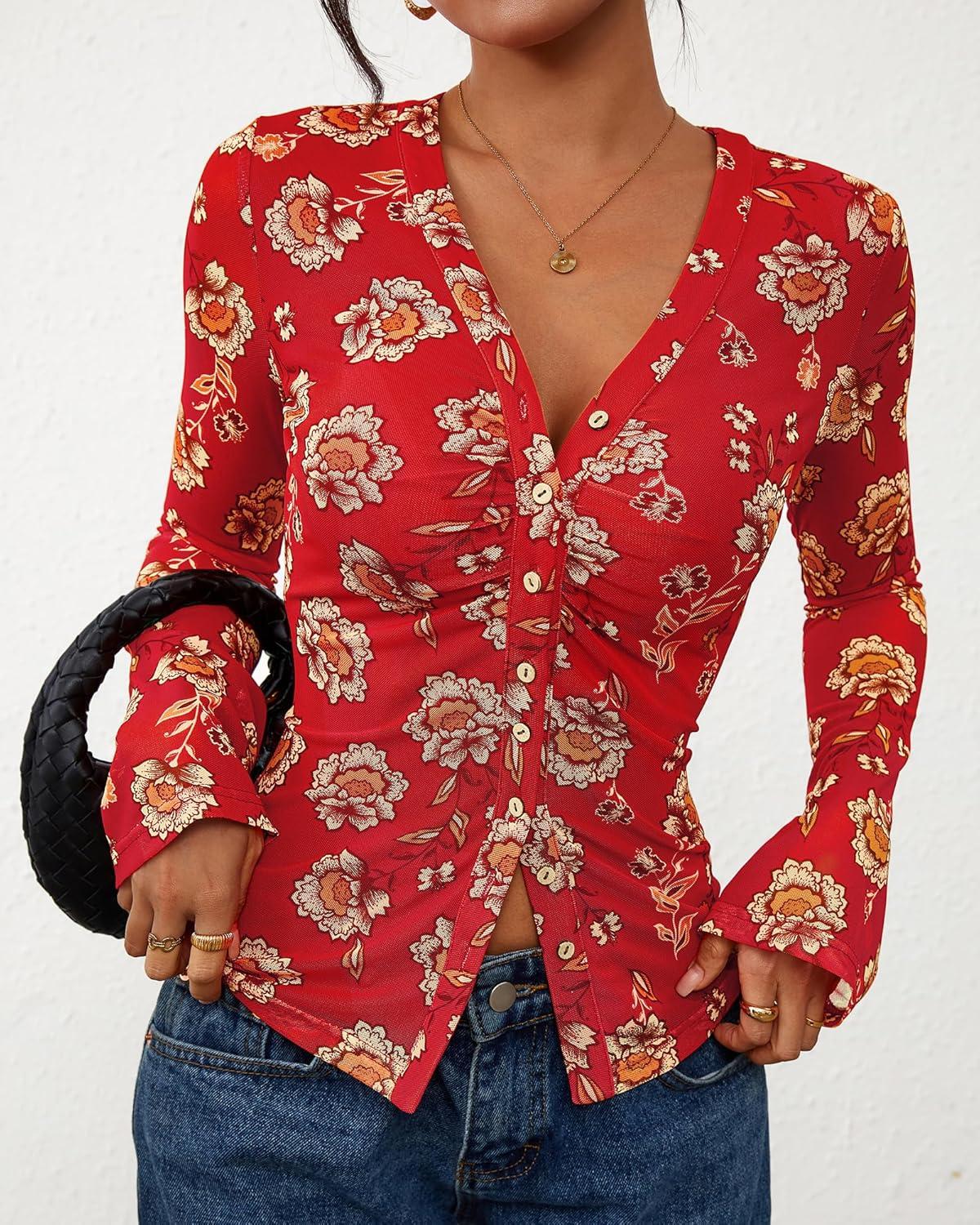 imageBTFBM Button Down Shirts for Women Fall Fashion 2025 V Neck Long Sleeve Blouse Ruched Mesh Fitted Floral Print Boho TopsRed