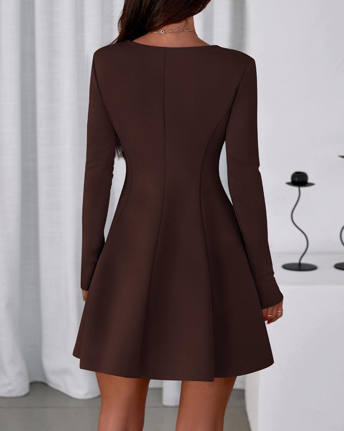 imageBTFBM Fall Dresses for Women 2025 Elegant Classy Flowy A Line Long Sleeve Business Homecoming Cocktail Sweater DressBrown