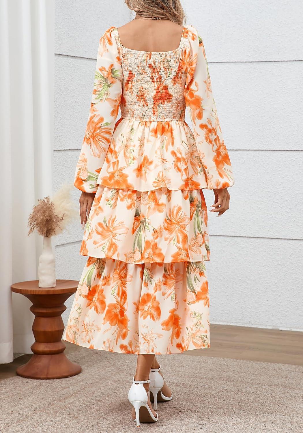 imageBTFBM Fall Dresses for Women 2025 Floral Long Sleeve Smocked Square Neck Casual Ruffle Tiered Flowy Wedding Guest DressFloral Apricot Orange