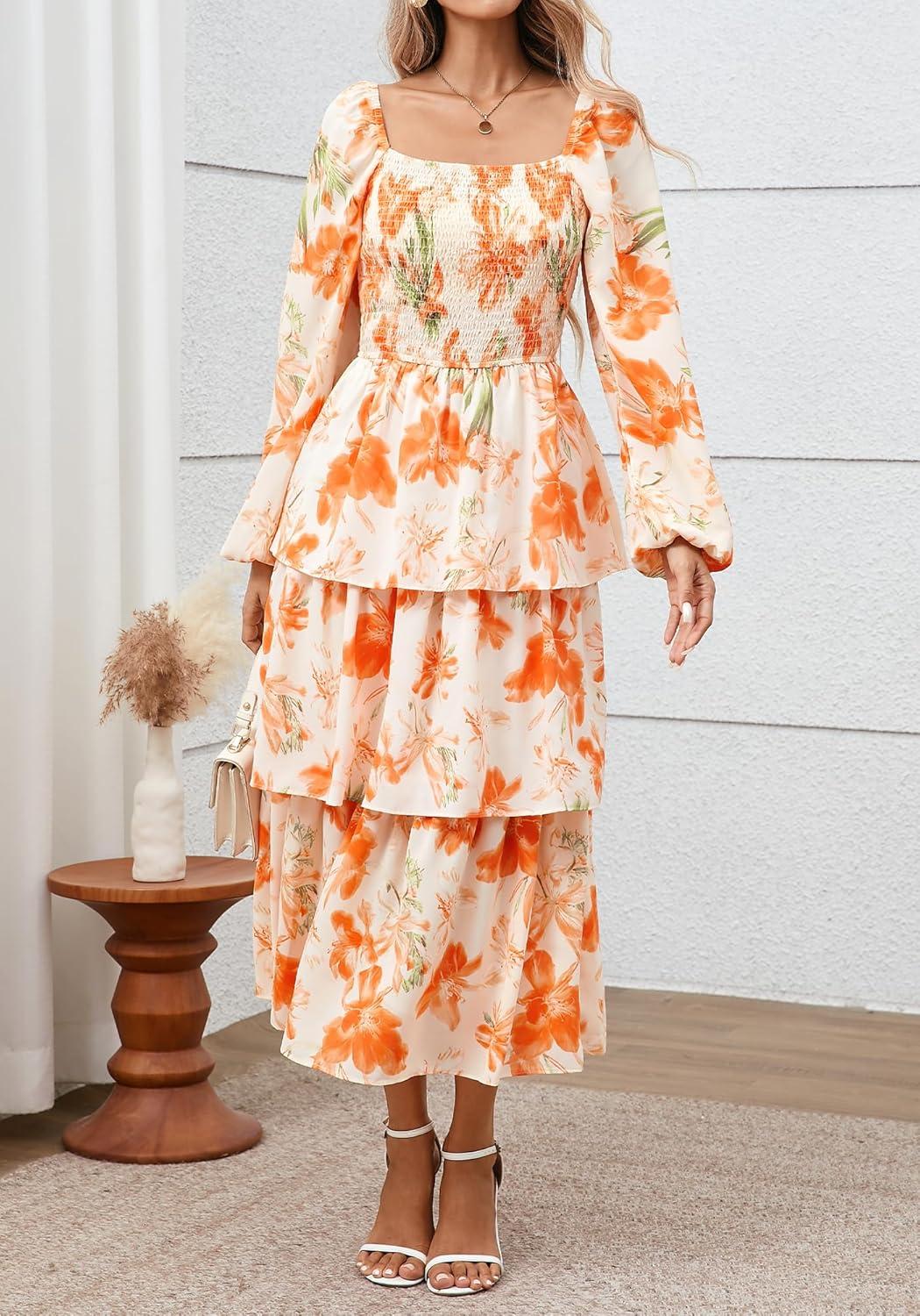 imageBTFBM Fall Dresses for Women 2025 Floral Long Sleeve Smocked Square Neck Casual Ruffle Tiered Flowy Wedding Guest DressFloral Apricot Orange