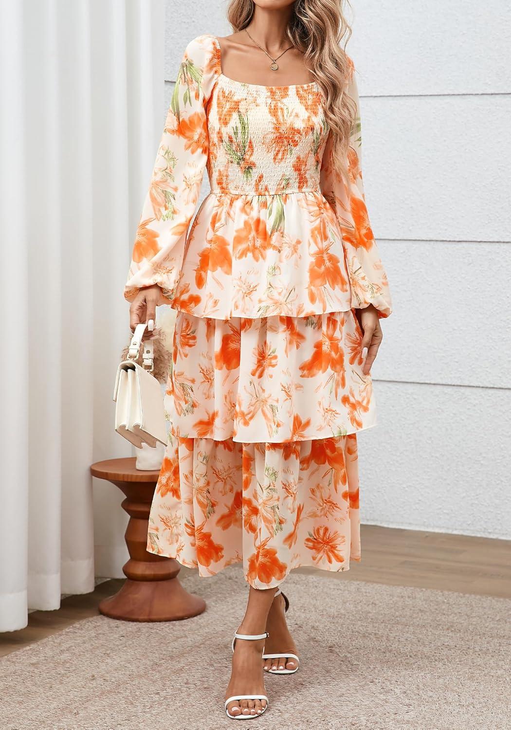 imageBTFBM Fall Dresses for Women 2025 Floral Long Sleeve Smocked Square Neck Casual Ruffle Tiered Flowy Wedding Guest DressFloral Apricot Orange