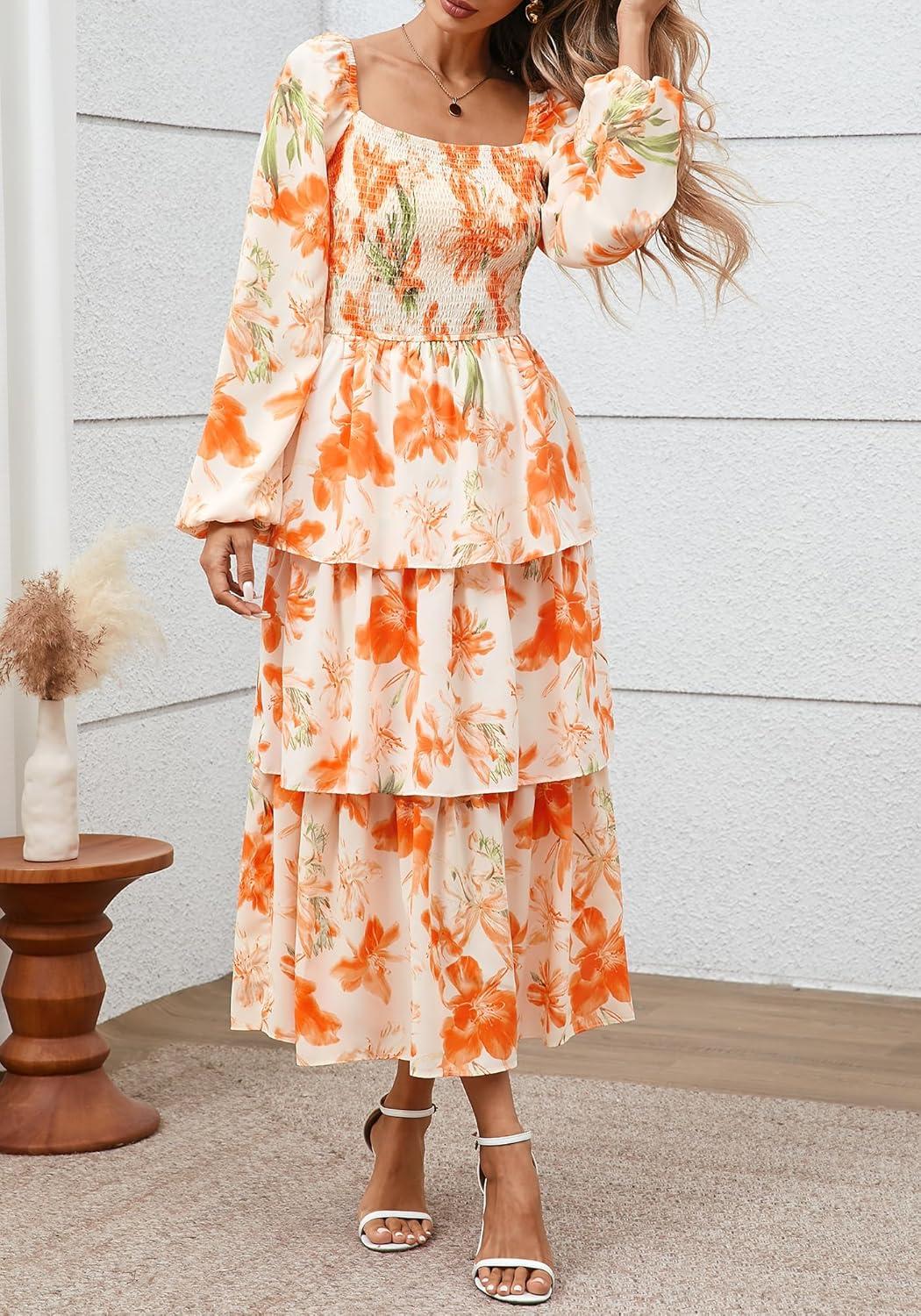 imageBTFBM Fall Dresses for Women 2025 Floral Long Sleeve Smocked Square Neck Casual Ruffle Tiered Flowy Wedding Guest DressFloral Apricot Orange